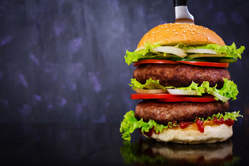 Delicious handmade burger on dark background. Close view