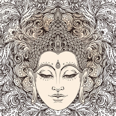Buddha face in ornate mandala round pattern over beige vintage background. Esoteric vintage vector illustration. Indian, Buddhism, spiritual art.