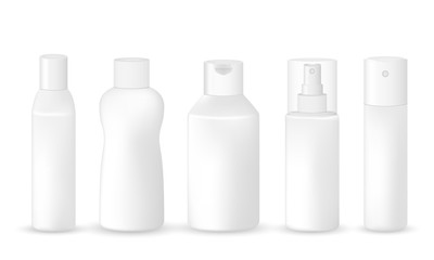 Collection of realistic cosmetic plastic bottles isolated on white background.Cosmetic brand template. Vector illustration.