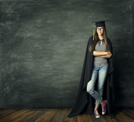 Student Woman over Blackboard Background, School Girl in Mortarboard Graduation Hat, Education