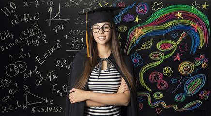 Student in Mortarboard Graduation Hat, Young Woman Learning Mathematics and Creative Art