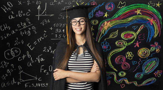 Student In Mortarboard Graduation Hat, Young Woman Learning Mathematics And Creative Art