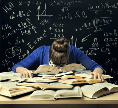 Student Hard Study, Tired Bored Woman Read Books Over Blackboard Math Formulas, Difficult Education