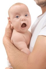 Happy young father holding baby on white background