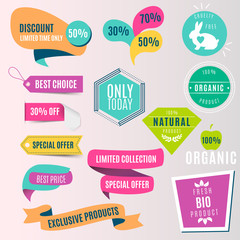 Collection of colorful sale tickets, labels, stamps, stickers, corners, tags for shops. Vector illustration.