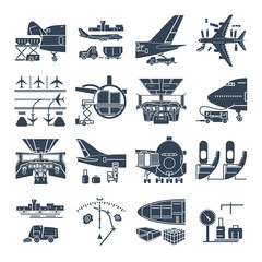 set of black icons airport and airplane, freight, cargo aircraft