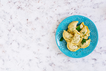 Delicious dumplings with cabbage on white background