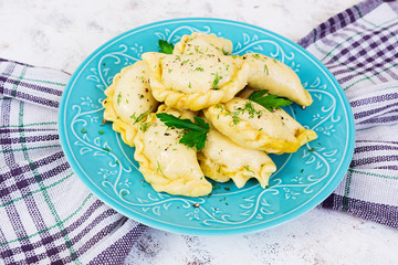 Delicious dumplings with cabbage on white background