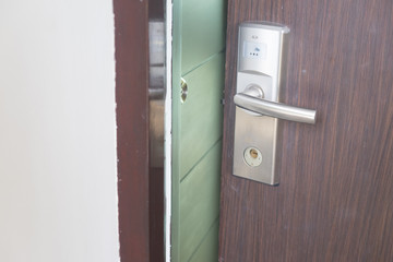 Hotel door with keyless entry card