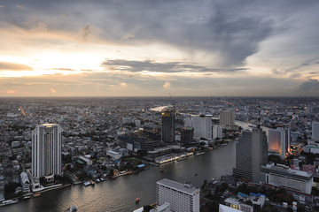 Aerial view of Bangkok on the Chao Phraya Riverside area, Thailand