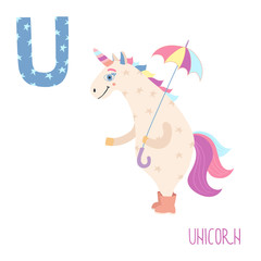 Vector cute kids animal alphabet. Letter U for the Unicorn