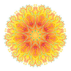 Vector ornamental mandala inspired ethnic art, patterned Indian paisley. Hand drawn illustration. Invitation element.