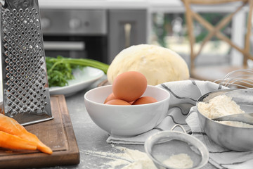 Ingredients for baking carrot cake on table