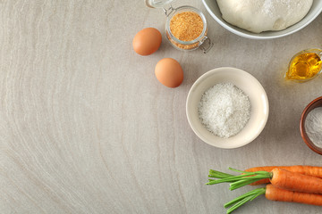 Ingredients for baking carrot cake on table