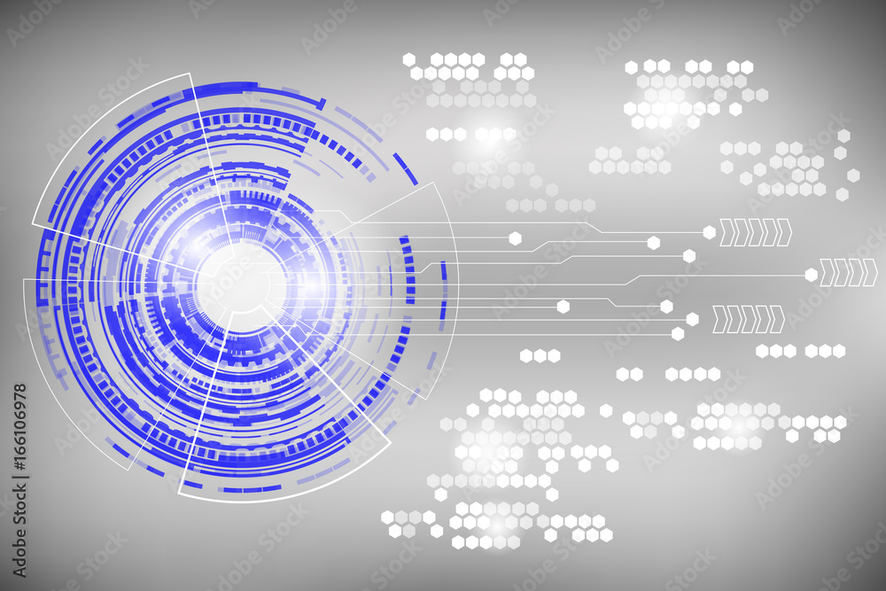 Poster Abstract Blue Circle Shape Hi Technology Modern Communication Concept With Hexagon Pattern On Grayscale Background
