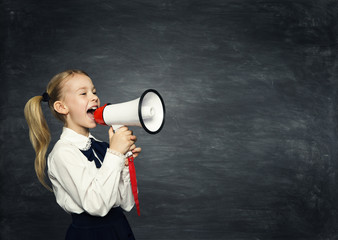 Child Girl Megaphone Announcement, School Kid Announce Scream Speaker over Blackboard