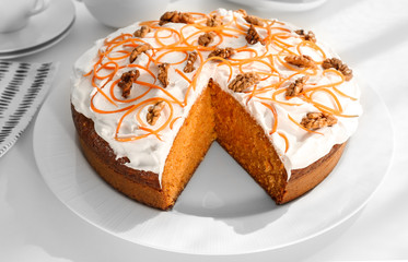 Delicious carrot cake on plate