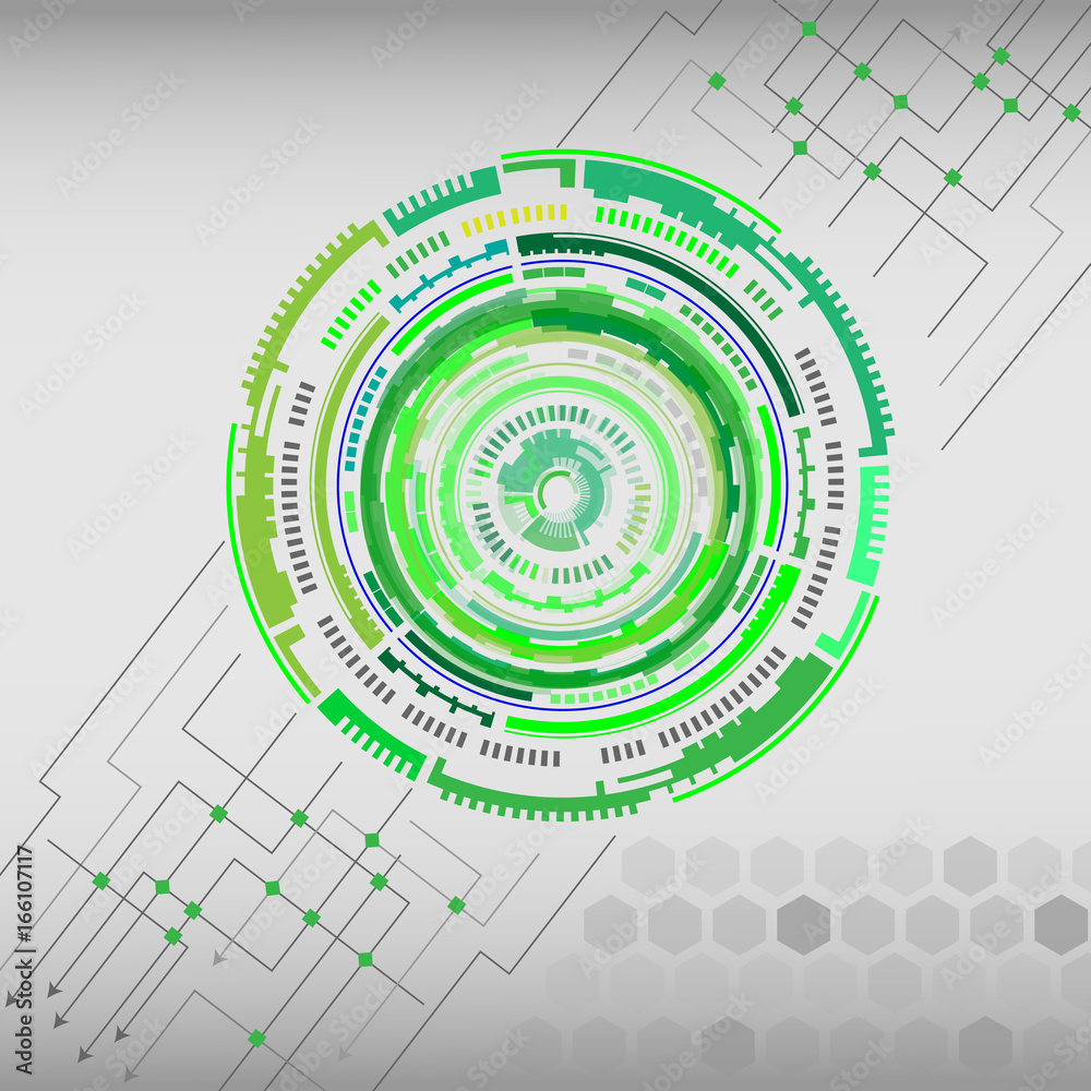Poster Abstract Green Circle Shape Hi Technology Modern Communication Concept With Hexagon Pattern On Grayscale Background
