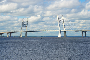 A new cable-stayed bridge across the ship's channel at the mouth of the Great Neva. Saint-Petersburg, Russia
