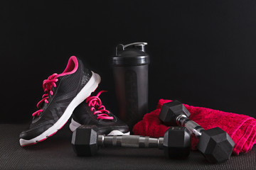 Female sport clothing and equipment copy space