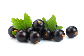 black currant with green leaf isolated on white background