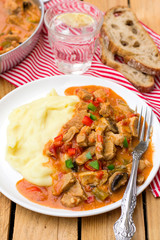Hungarian meat stew Porkolt with veal and sweet pepper