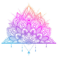 Vector ornamental Lotus flower, ethnic art, patterned Indian paisley. Hand drawn illustration. Invitation element.