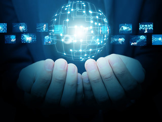 Hand holding virtual world