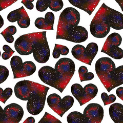 watercolor seamless pattern with space heart with stars inside isolated on white background - 166111509