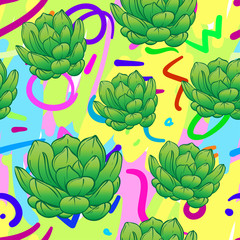 Seamless abstract geometric pattern with green succulents. Retro 1980s, 1990s style. Memphis inspired design for textiles and fabrics, wrapping paper and wallpapers.