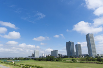 Fototapeta na wymiar 東京風景　等々力から望む多摩川　尾山台　田園調布方面　7月　青空と緑
