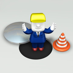 3d repairman under construction next to manhole