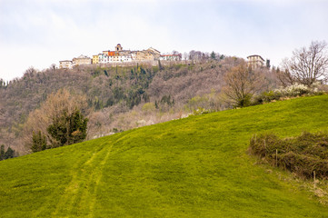 View of the Monte Grimano village on a hill in the Italian Marche, in the Province of Pesaro and...