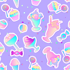 Bright colorful bakery and dessert pastry cute icons. Seamless pattern with candies and sweets. Vivid colors cute vector illustration. Stickers, pins, patches.