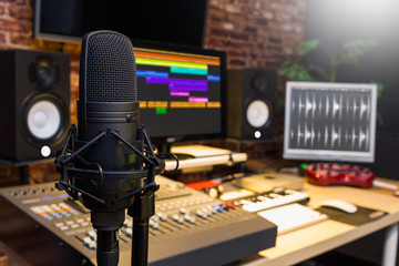 condenser microphone in digital sound editing & recording studio - 166113349
