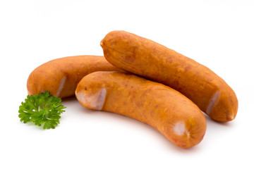 Sausage and spices isolated on white background, fresh delicious frankfurter.