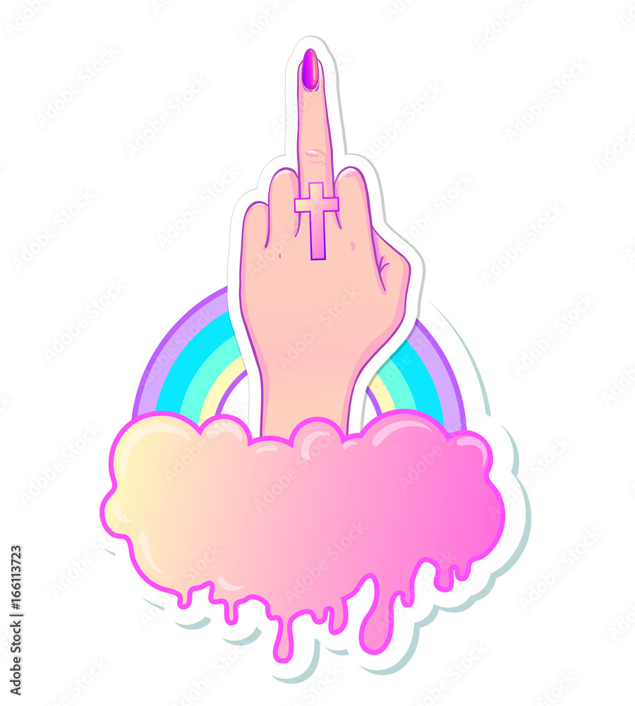 Wall mural Female hand showing middle finger, cloud, rainbow. Realistic style vector illustration in pink pastel goth colors isolated on white. Sticker, patch, poster graphic design.