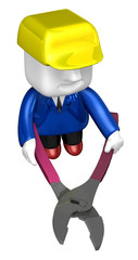 3d render of cartoon character with pliers. 3D Square Man Series.