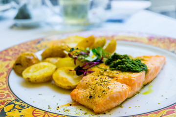 Grilled Salmon - with fresh lettuce and mash potatoes