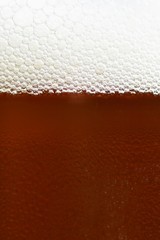 Beer. Beautiful detail of beaten glass of beer with foam. Abstract colorful background.