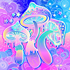 Magic mushrooms. Psychedelic hallucination. Vibrant vector illustration.