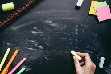 Back to school. School supplies on the blackboard background with copy space
