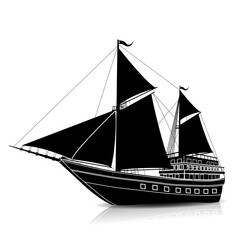silhouette vintage sailing ship with reflection