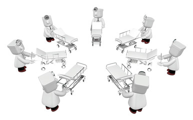 3d medical doctor in the hospital with metal bed. 3D Square Man Series.