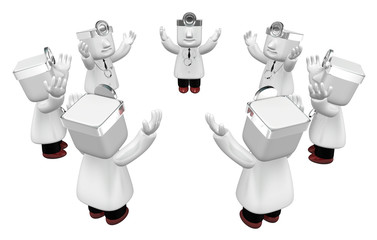 3d young doctor man standing with his arms up. 3D Square Man Series.