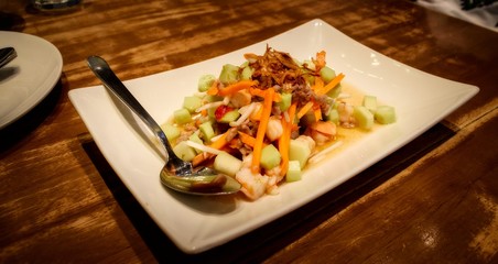 Shrimp salad, kale stalks
