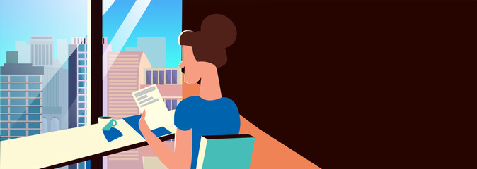 Obraz premium Background for the banner of a cafe, a coffee house and a restaurant. A girl is sitting in an institution with a view of the city