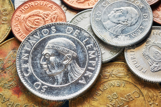 Close up picture of Honduran lempira coins, shallow depth of field.