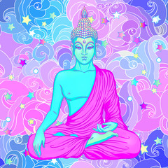 Sitting Buddha over sacred geometry background. Vector illustration. Psychedelic neon composition. Indian, Buddhism, Spiritual Tattoo, yoga, spirituality.
