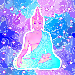 Sitting Buddha over sacred geometry background. Vector illustration. Psychedelic neon composition. Indian, Buddhism, Spiritual Tattoo, yoga, spirituality.